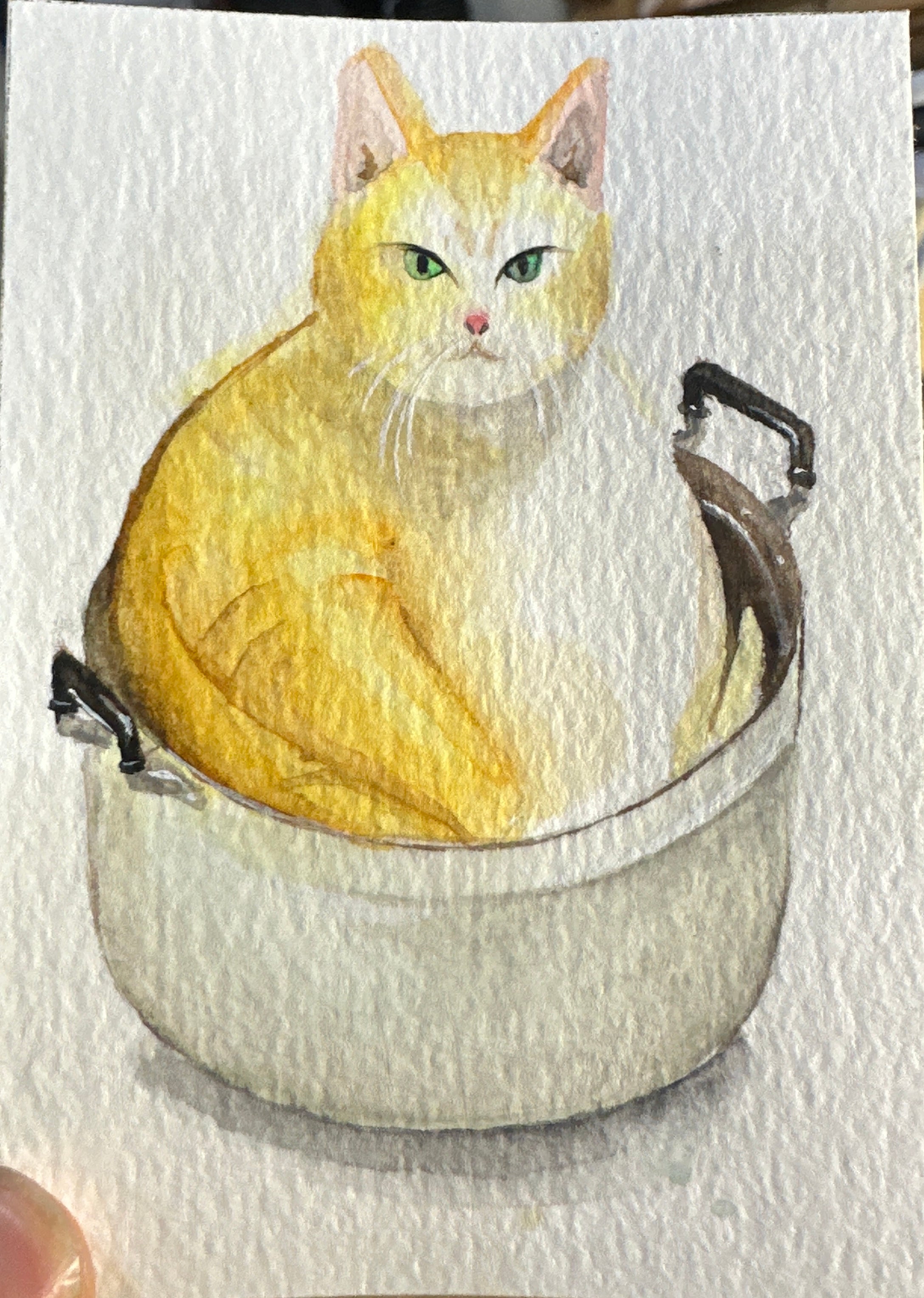 Ginger Cat in a Casserole — Watercolour ACEO Original Painting | PUNPARIN ART