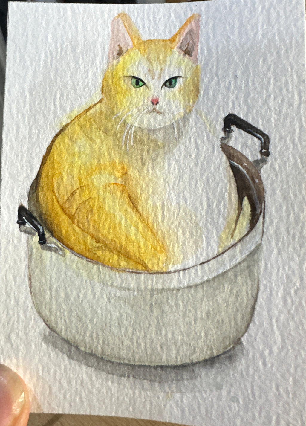 Ginger Cat in a Casserole — Watercolour ACEO Original Painting | PUNPARIN ART