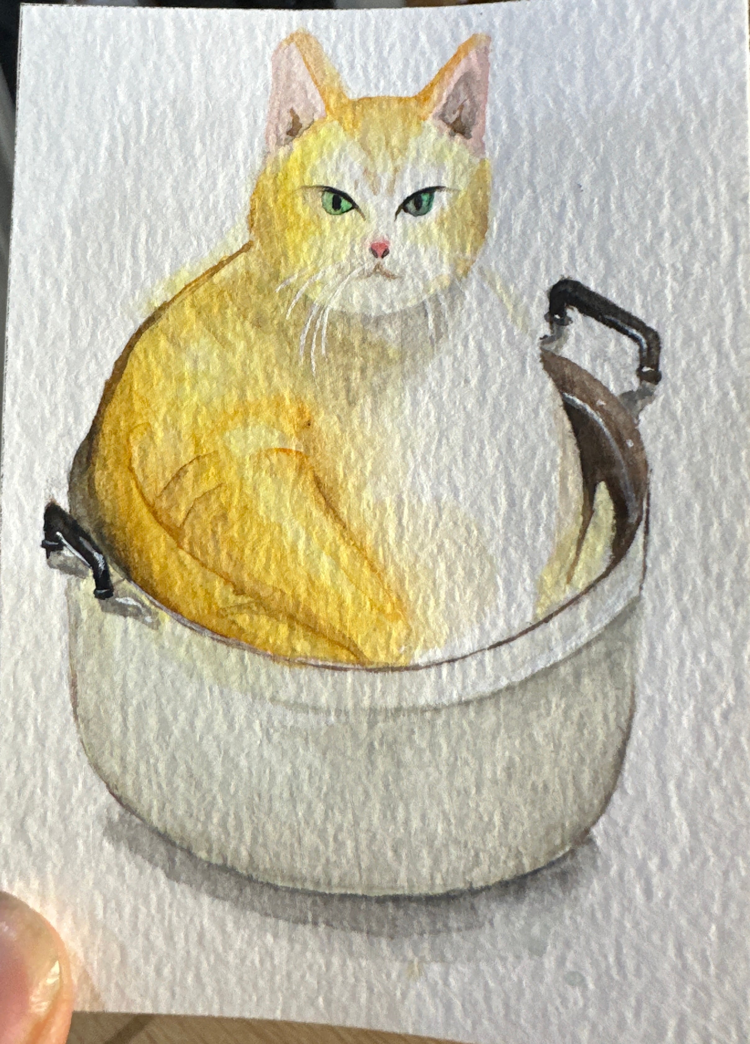 Ginger Cat in a Casserole — Watercolour ACEO Original Painting | PUNPARIN ART