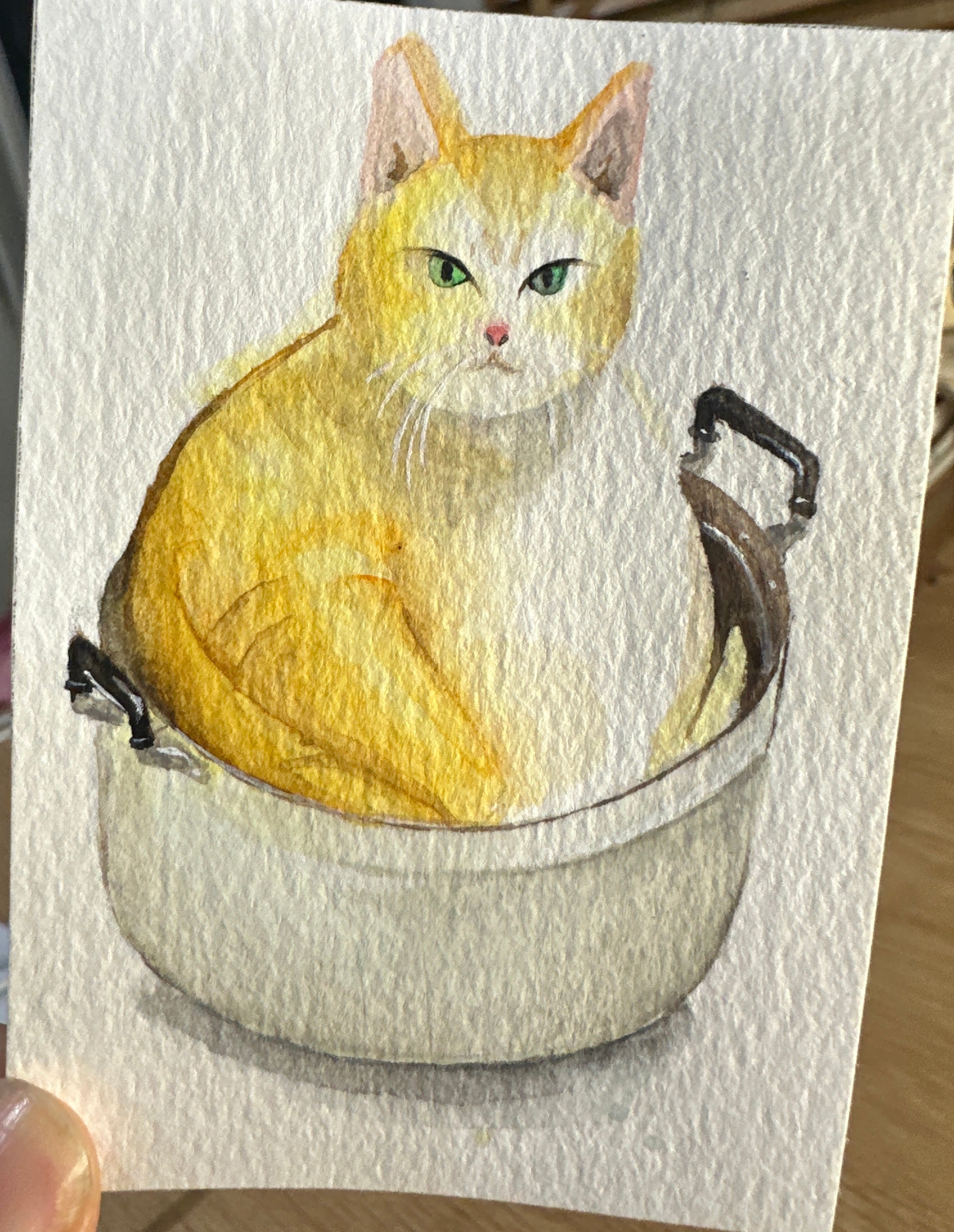 Ginger Cat in a Casserole — Watercolour ACEO Original Painting | PUNPARIN ART
