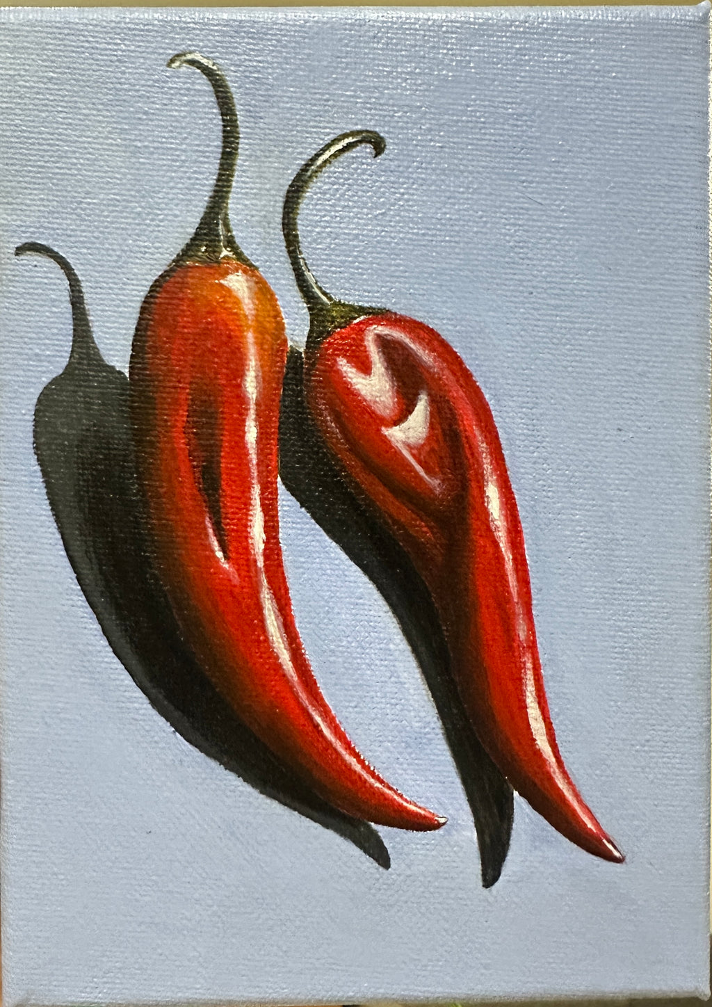 Two Red Chili Peppers – Original Acrylic Painting 5x7 Canvas OOAK