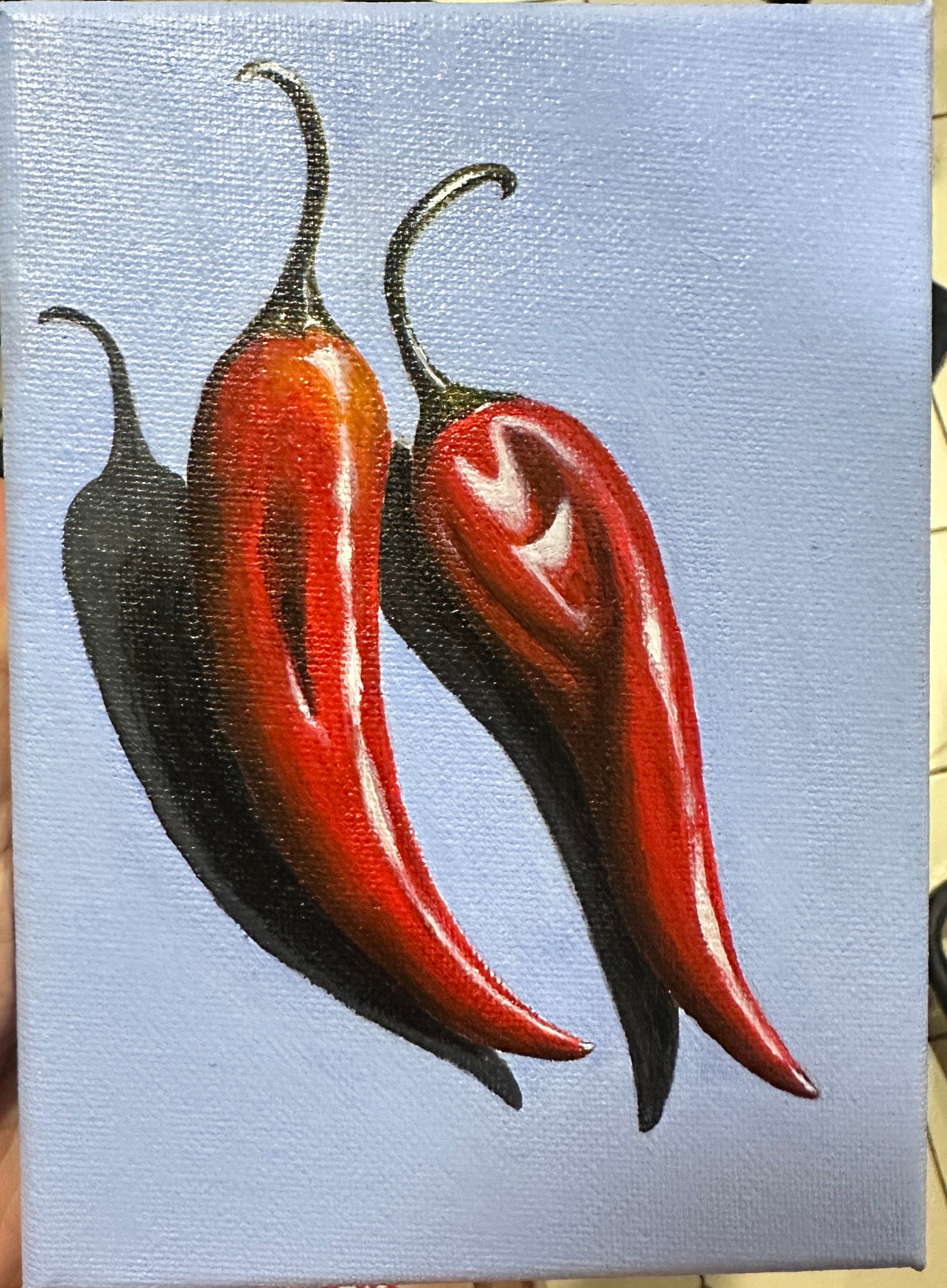 Two Red Chili Peppers – Original Acrylic Painting 5x7 Canvas OOAK