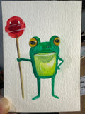 Sassy Frog with a Lollipop — Original Gouache ACEO