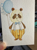 Original ACEO watercolor and gouache painting of a panda cub in striped overalls holding a blue balloon