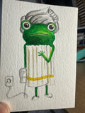 Original ACEO watercolor and gouache painting of a grumpy frog wrapped in a towel with hair curlers