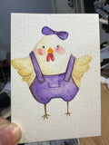 Original ACEO watercolor and gouache painting of a baby chick wearing purple overalls and a purple bow