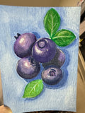 Original ACEO watercolor and gouache painting of a cluster of blueberries with green leaves