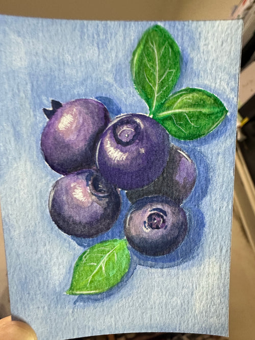 Original ACEO watercolor and gouache painting of a cluster of blueberries with green leaves