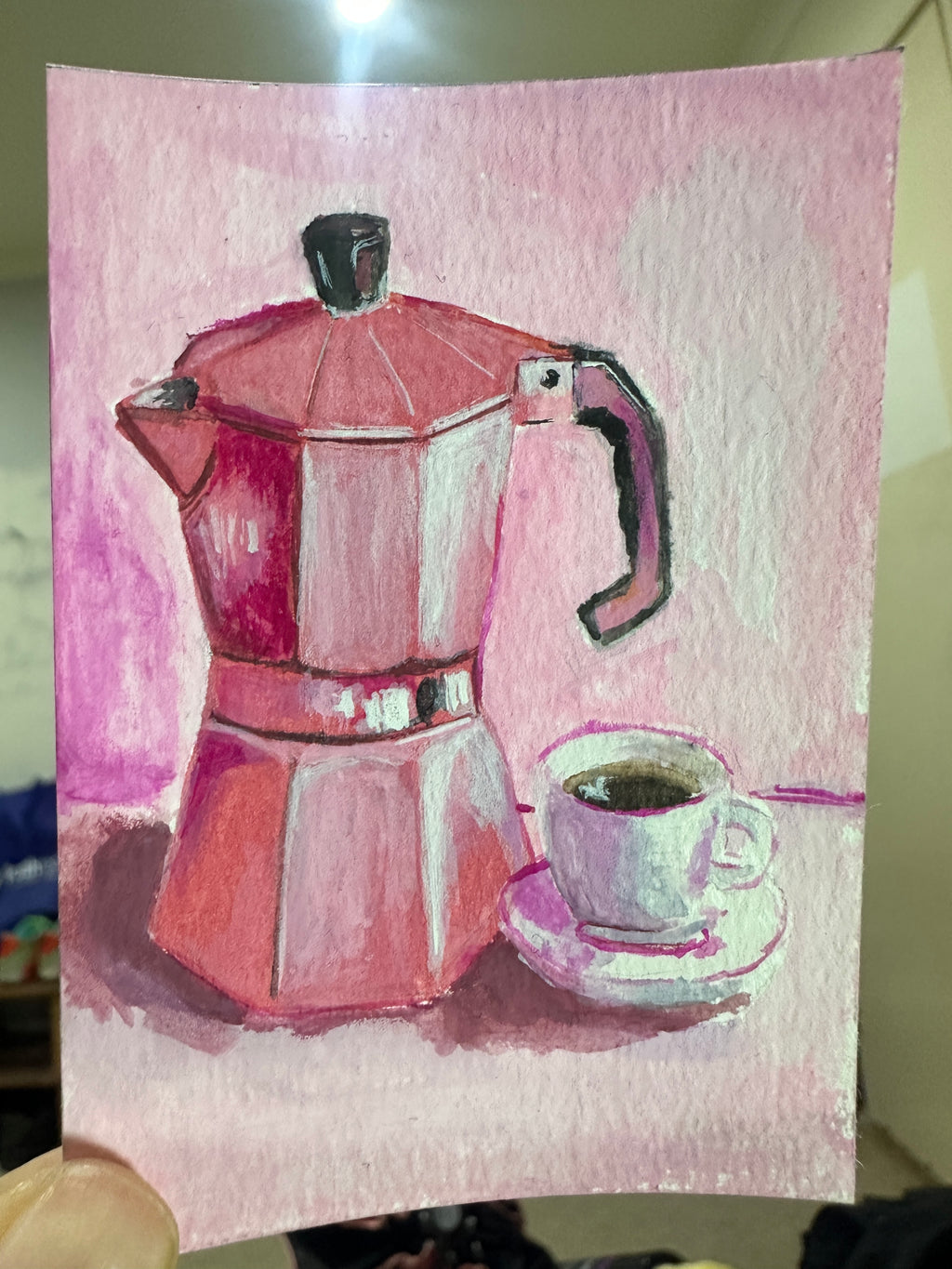 Original ACEO watercolor and gouache painting of a pink moka pot and coffee cup, alternate lighting