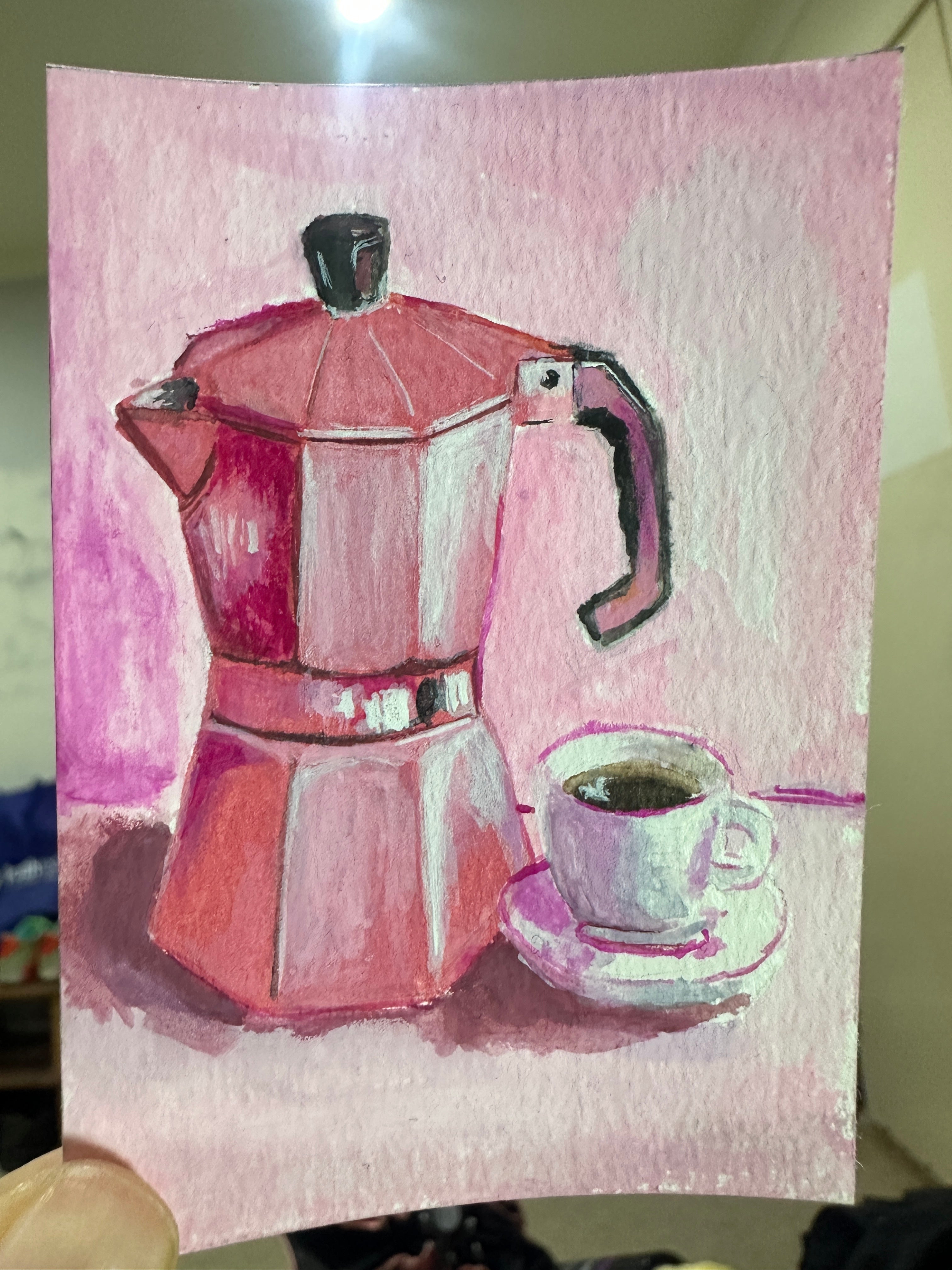 Original ACEO watercolor and gouache painting of a pink moka pot and coffee cup, alternate lighting
