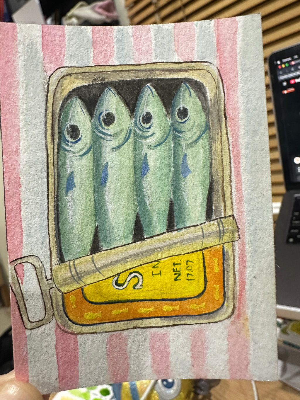 Original ACEO watercolor and gouache painting of sardines in a tin, close-up detail view