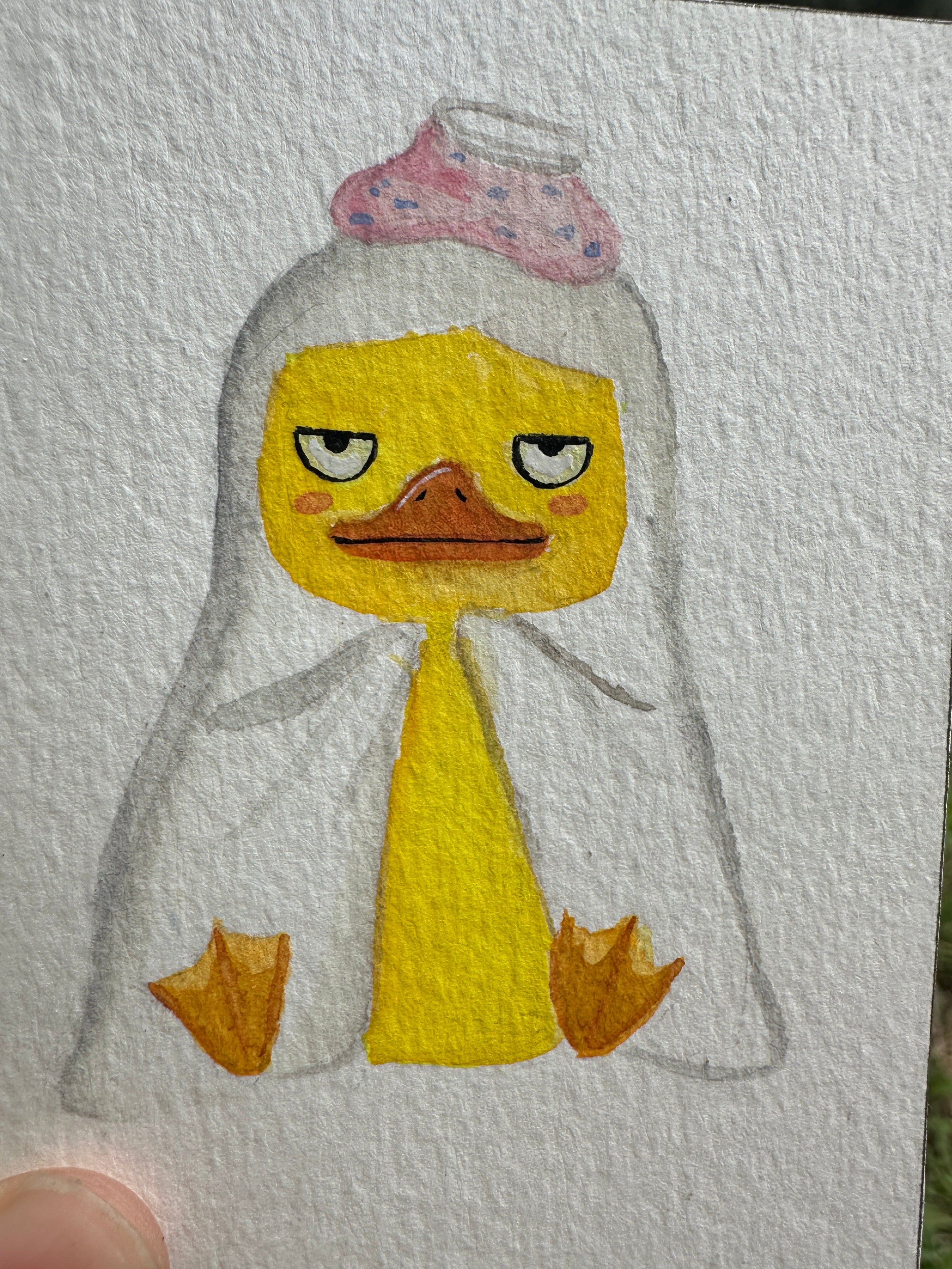 Sleepy Kawaii Sprite in a Pink Hood - Original ACEO Miniature Painting