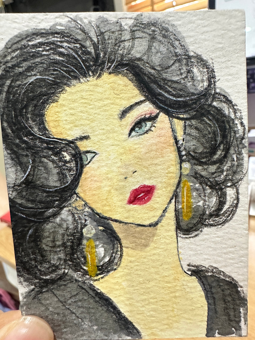 Dreamy Curly-Haired Beauty - Original ACEO Miniature Painting