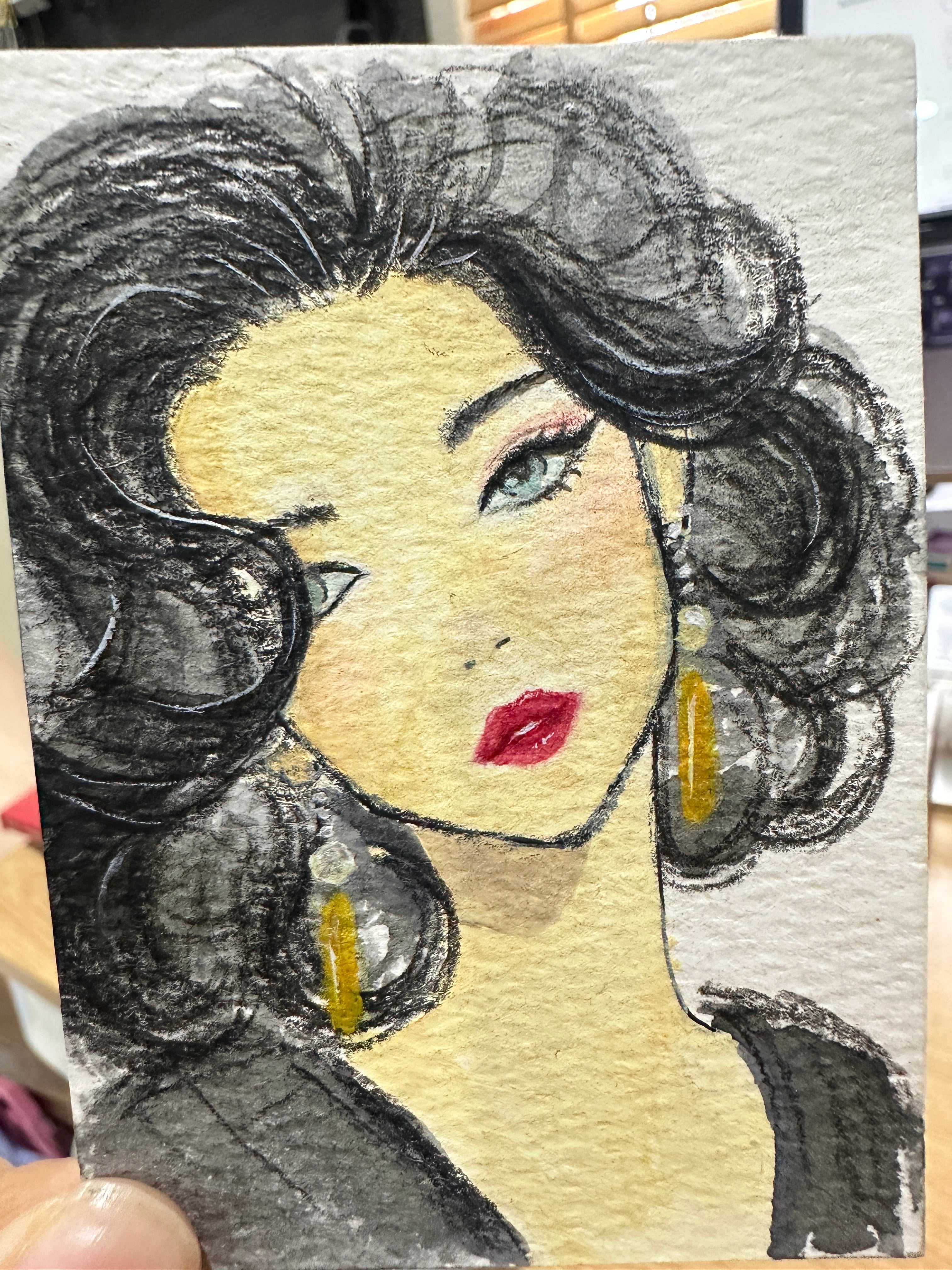 Dreamy Curly-Haired Beauty - Original ACEO Miniature Painting