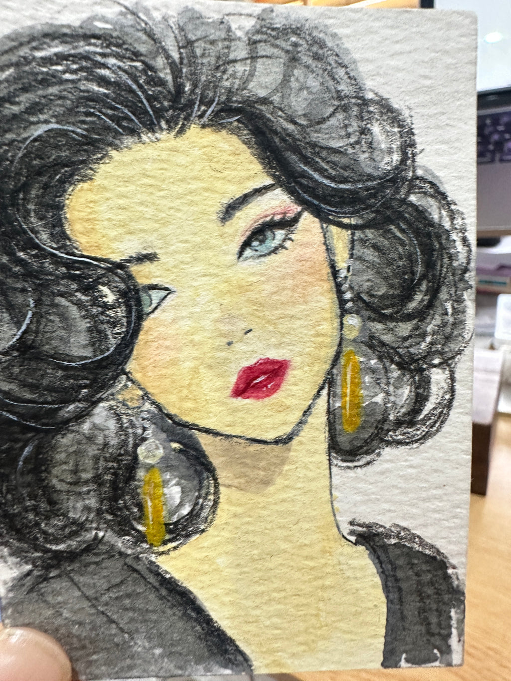 Curly-Haired Beauty in Gold — Original ACEO Miniature Painting