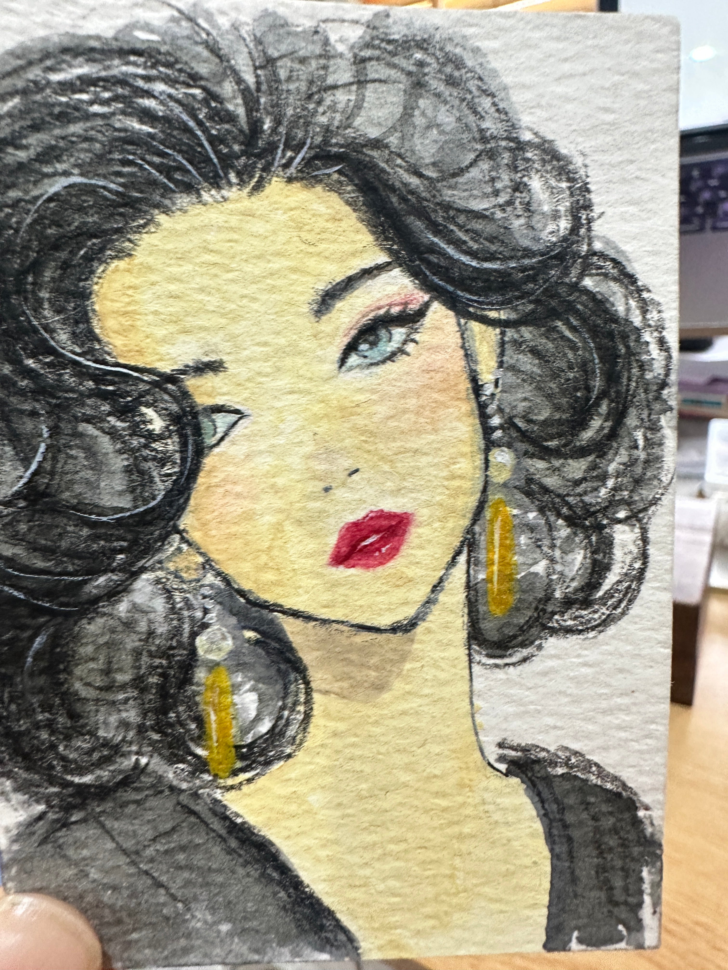 Curly-Haired Beauty in Gold — Original ACEO Miniature Painting