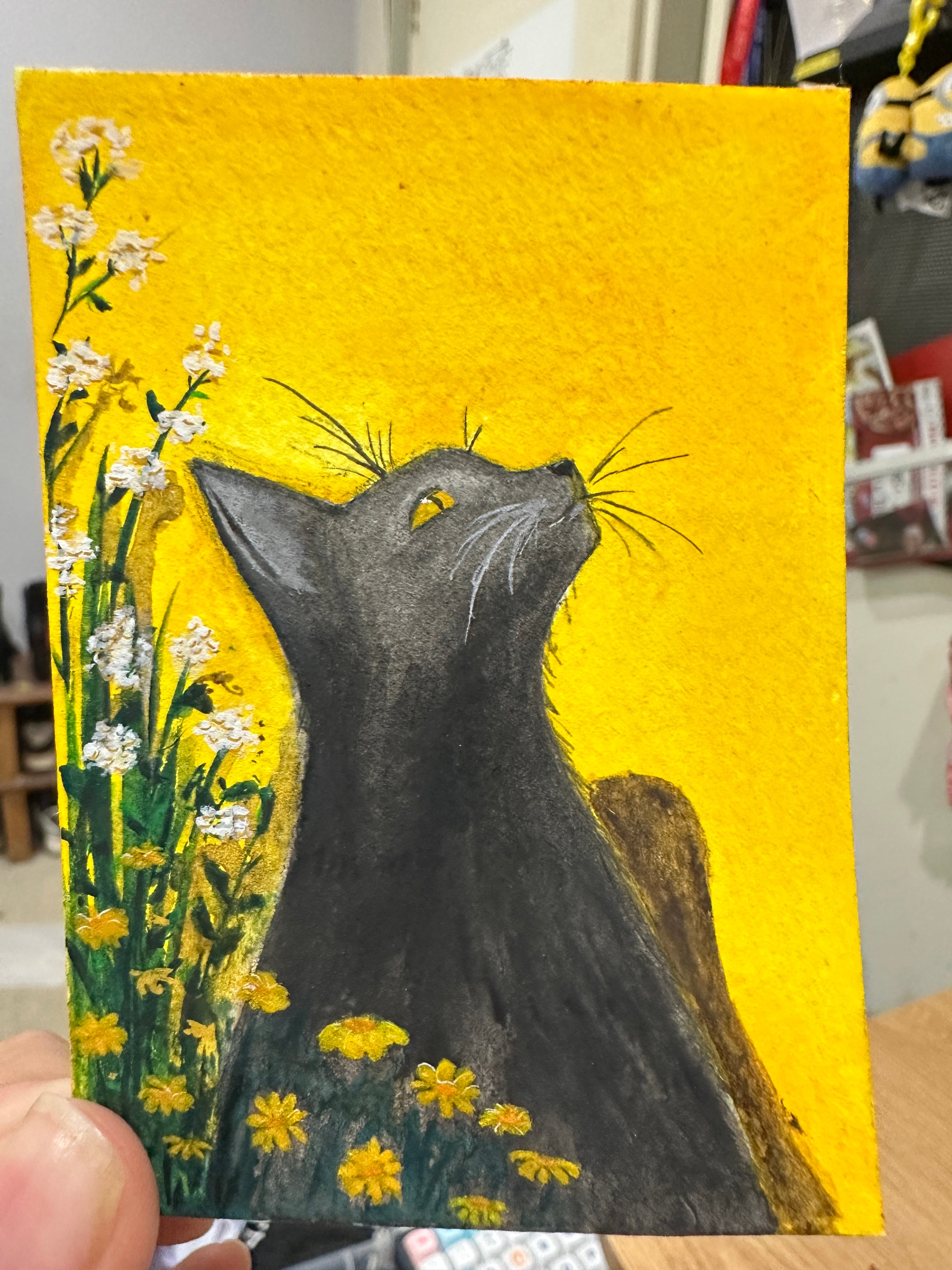 Cat Among the Daisies - Original ACEO Miniature Painting