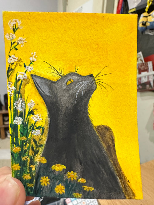 Cat Among the Daisies - Original ACEO Miniature Painting