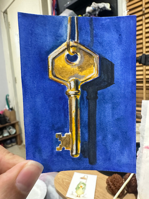 Antique Gold Skeleton Key - Original ACEO Miniature Painting