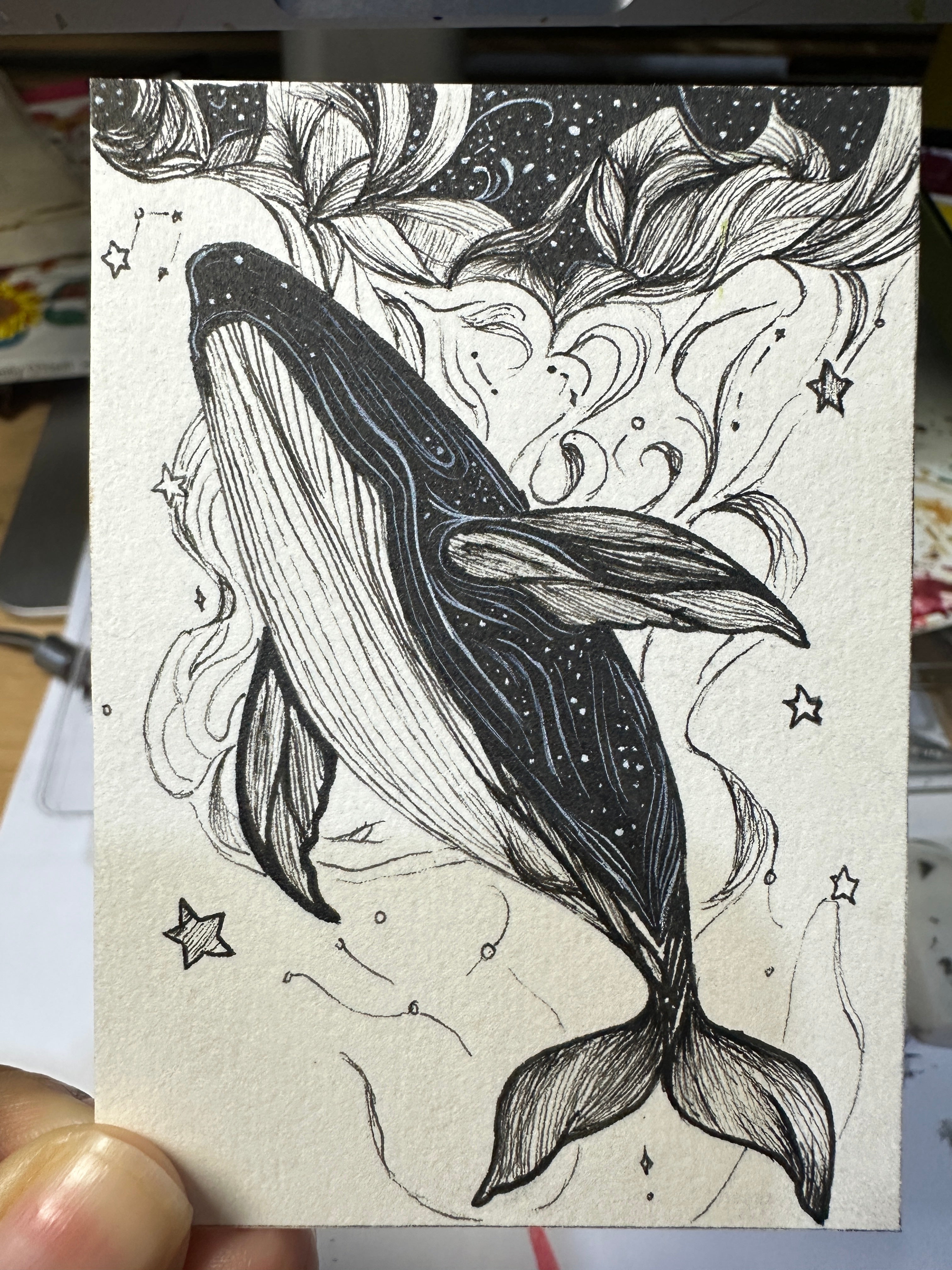 Celestial Whale Among the Stars - Original ACEO Miniature Painting