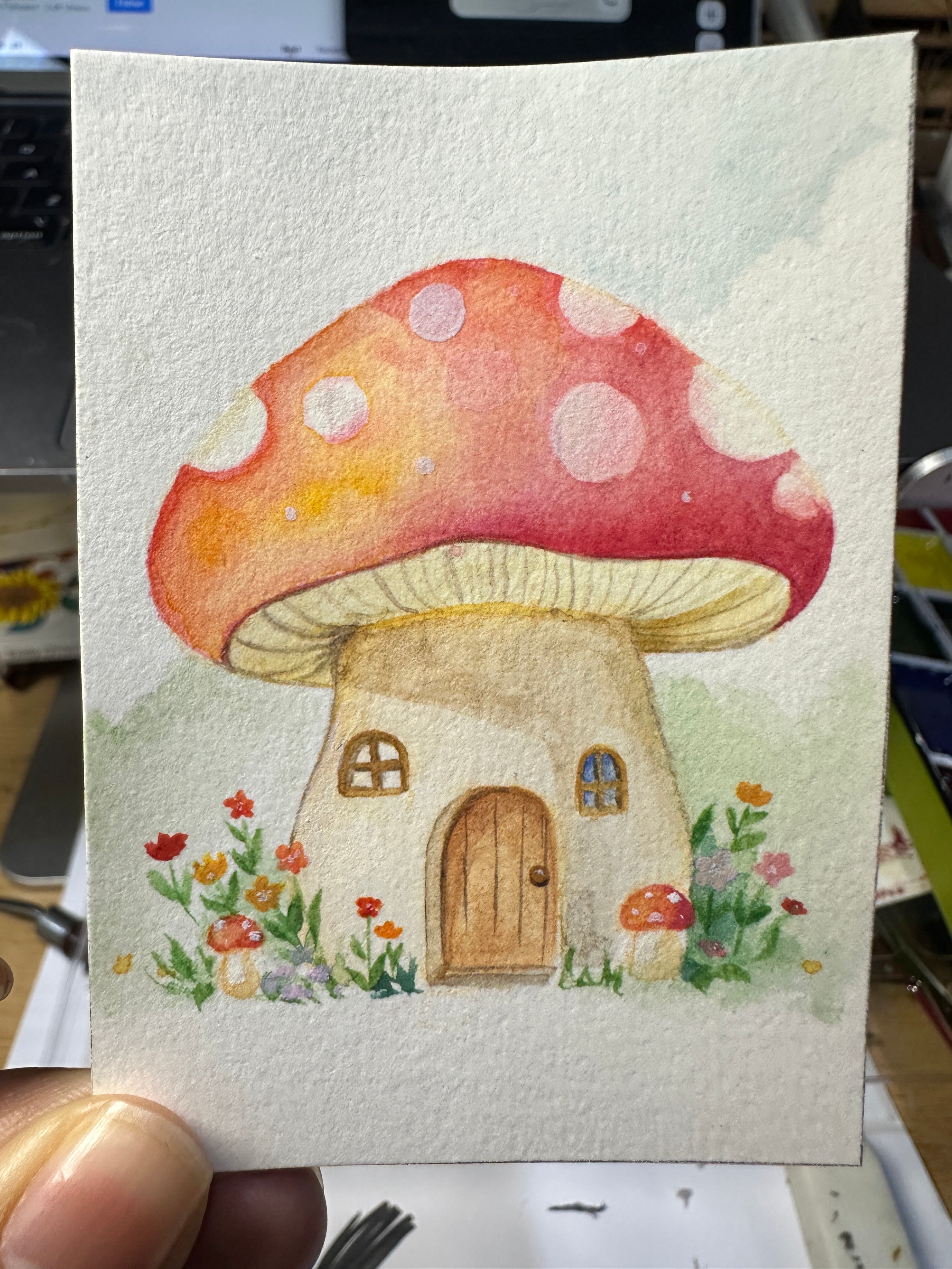 Mushroom Fairy Cottage - Original ACEO Miniature Painting
