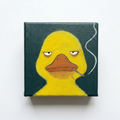 Original mixed-media painting of a jaded yellow duck with a cigarette on a small stretched canvas, teal background