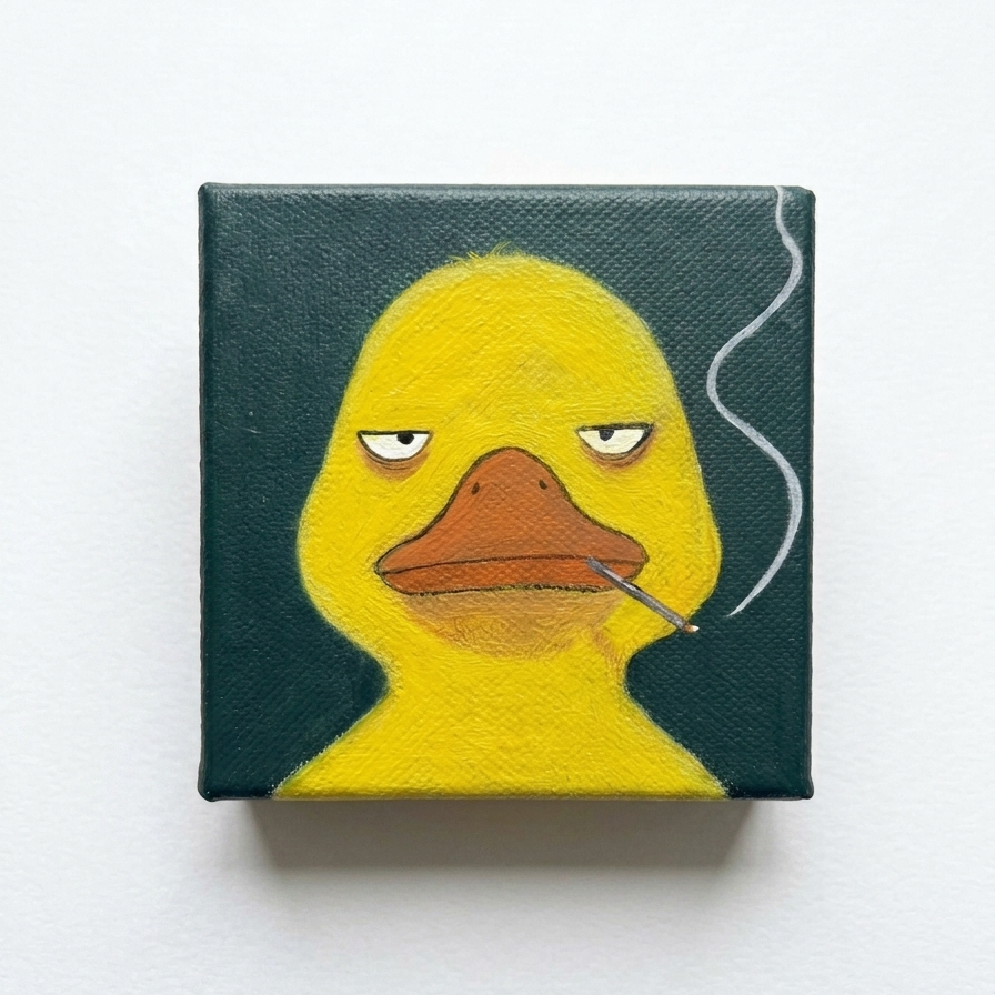 Original mixed-media painting of a jaded yellow duck with a cigarette on a small stretched canvas, teal background