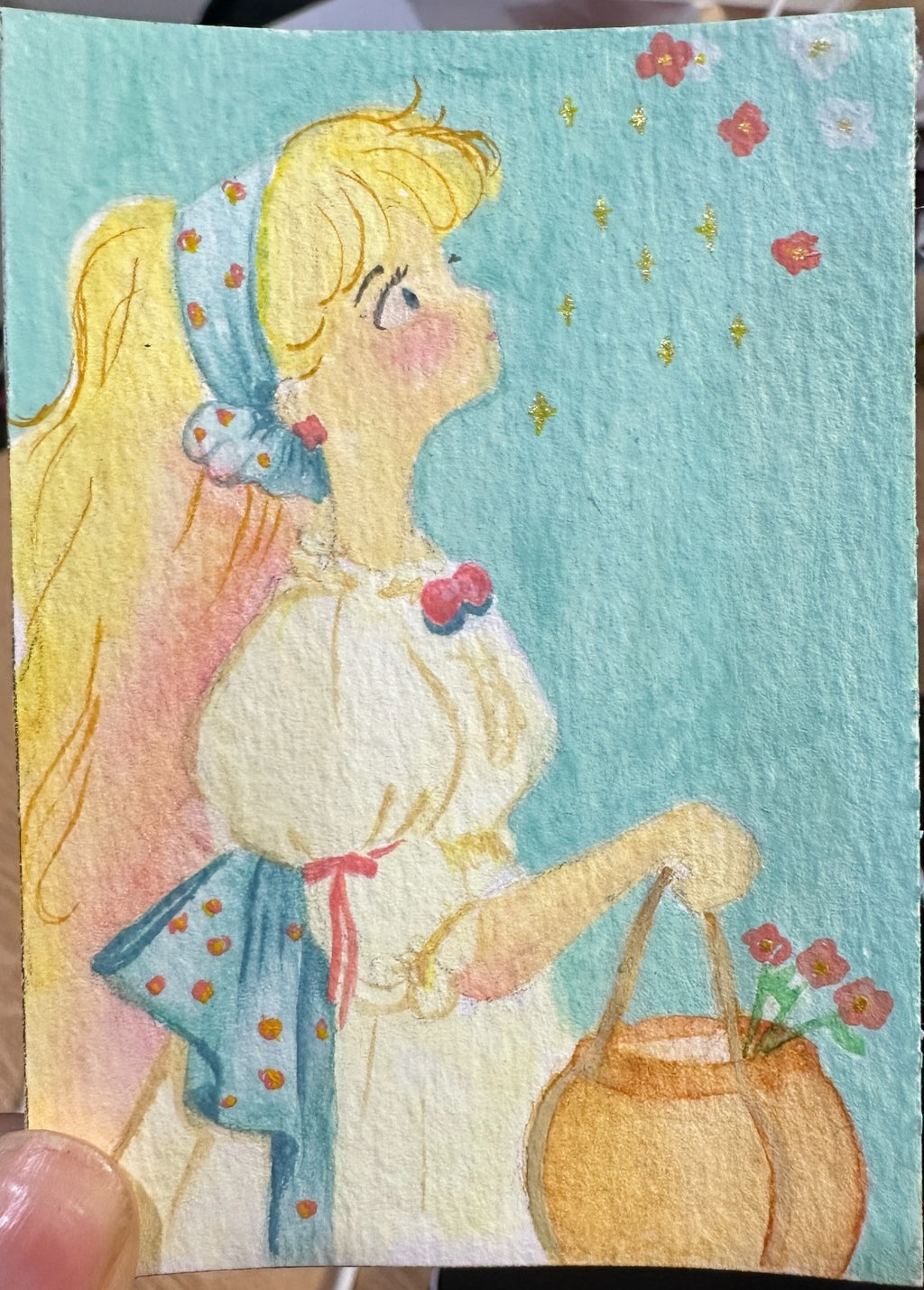 Dreamy Girl with Flower Basket — Mixed Media ACEO Original Painting