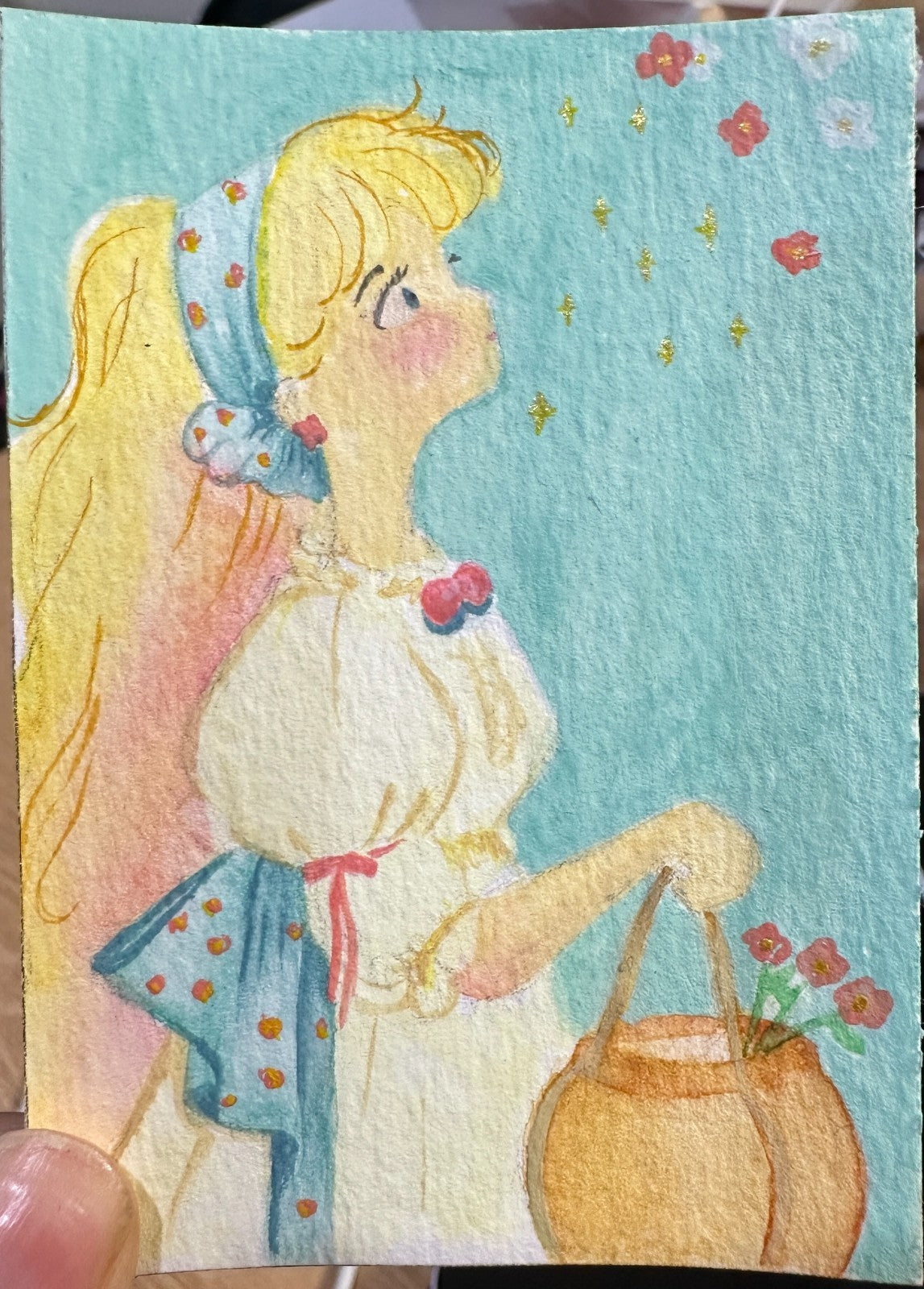 Dreamy Girl with Flower Basket — Mixed Media ACEO Original Painting