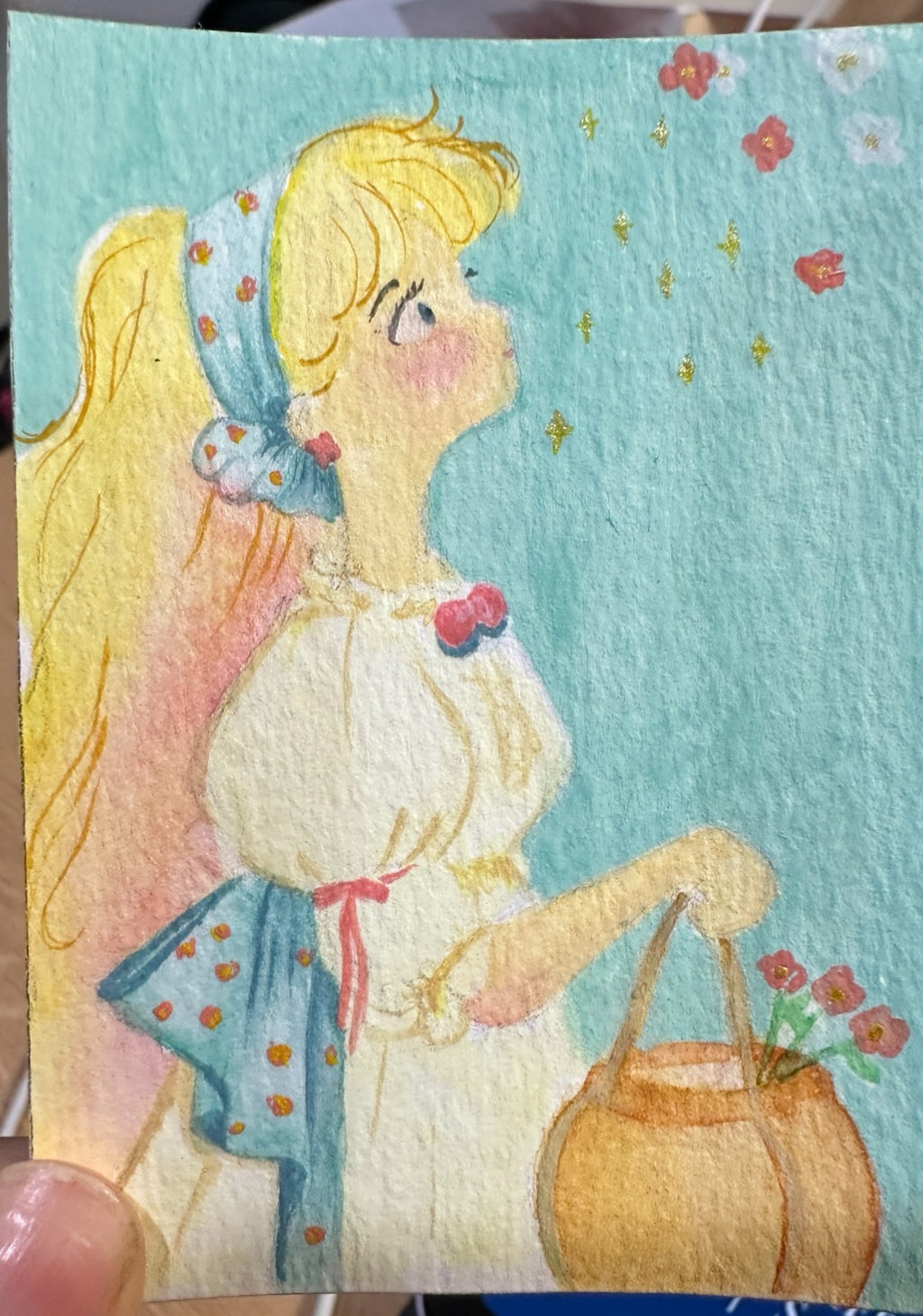 Dreamy Girl with Flower Basket — Mixed Media ACEO Original Painting